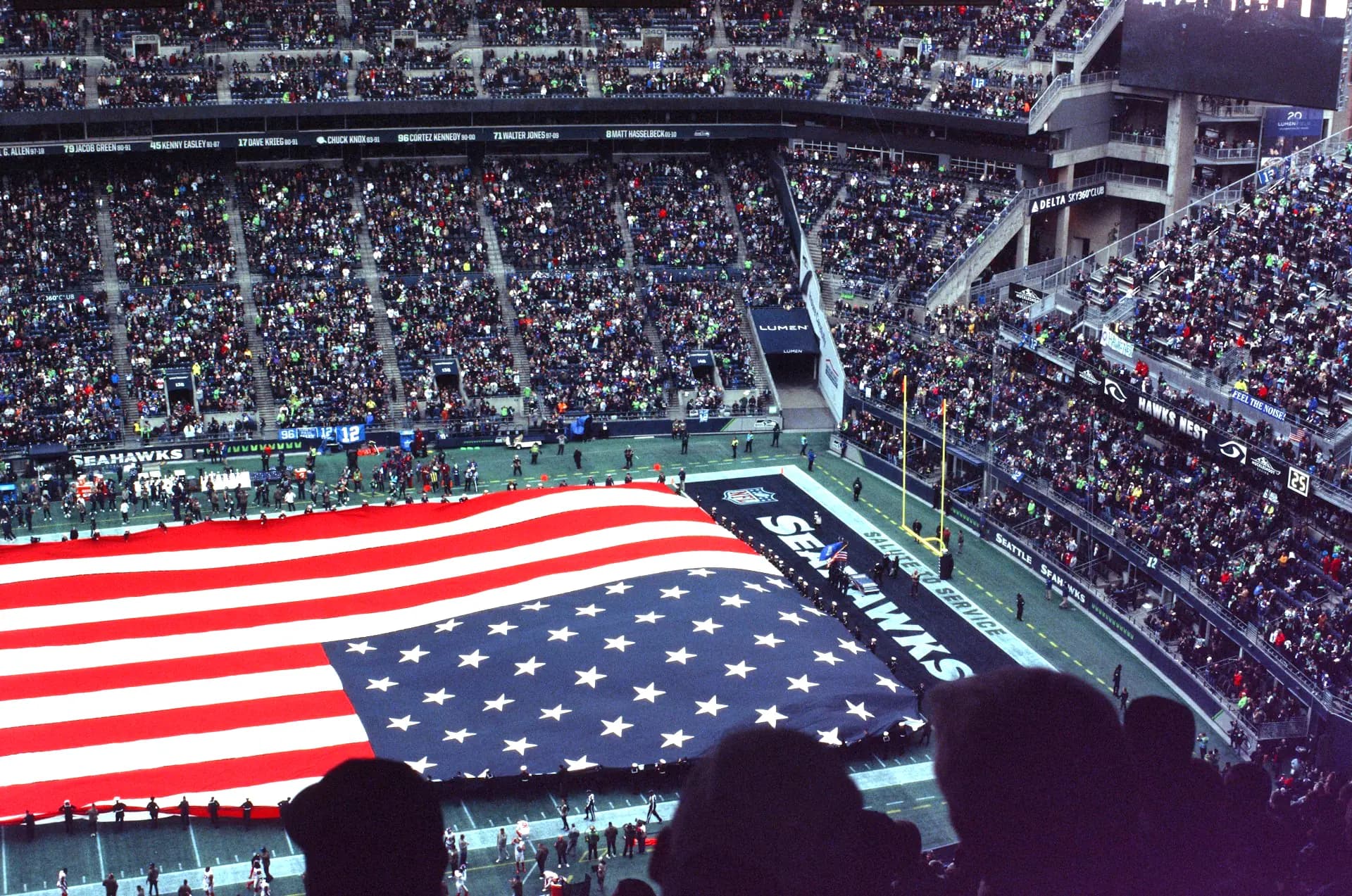 US flag draped over the pitch at Superbowl 2026
