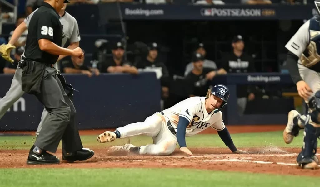 Tampa Bay Rays runner slides across home plate in the postseason